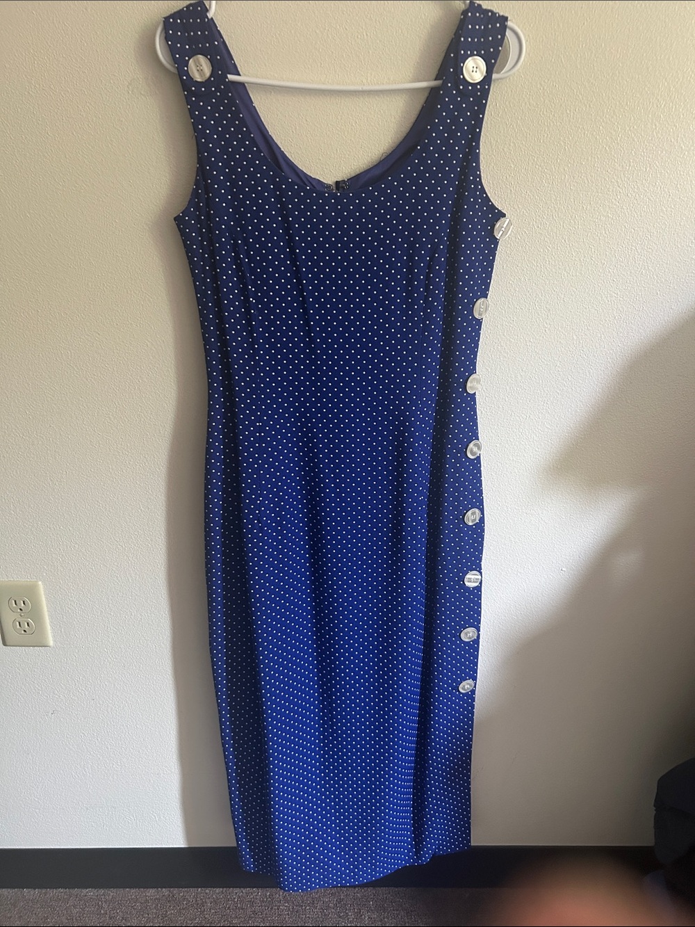 Vintage Santa Fe Royal Blue/White Polka Dot 10 Buttons Lined Zip Maxi Dress: S
